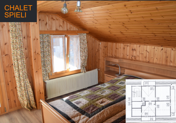 Das grosse und schöne Zimmer verfügt über ein Doppelbett und hat ein praktisches Waschbecken. Es hat Zugang zum nach Süden aussgerichteten Balkon, wie auch viel Sonne bis am späten Abend.