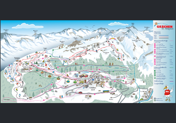 Karte von Grächen mit den Pisten, Schneeschuh-Trails, Winterwanderwegen, etc.